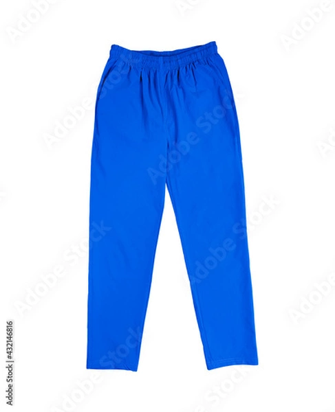 Fototapeta Comfortable pants color blue front view on white background
