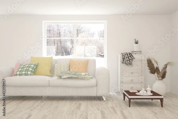 Fototapeta White living room with sofa and winter landscape in window. Scandinavian interior design. 3D illustration