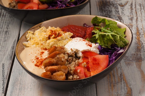 Obraz poke with vegetables, egg scramble, cottage cheese and shrimp