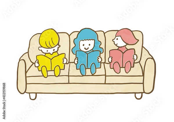 Fototapeta ソファに座って本を読む三人の子どもたち