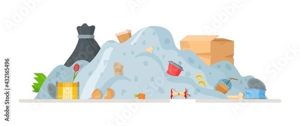 Fototapeta Garbage dump. Vector illustration of garbage disposal, after house and yard cleanup. Recycling in the city. Bottles, bags, boxes, lids, cans.