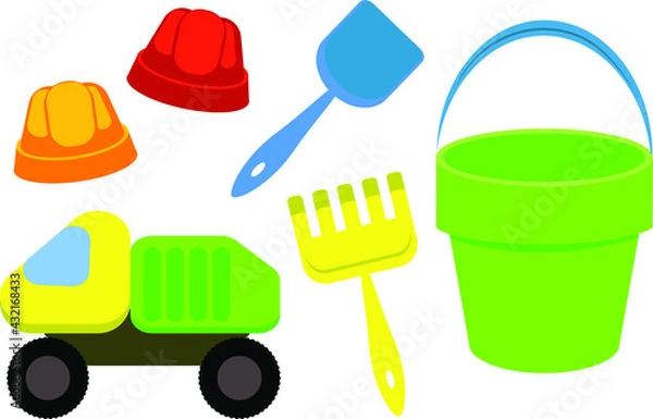 Fototapeta Children's bucket, shovel and rake, sand moulds isolated on a white background. A set of toys for children a sandbox and a playground, a small bucket, a spatula and molds. 