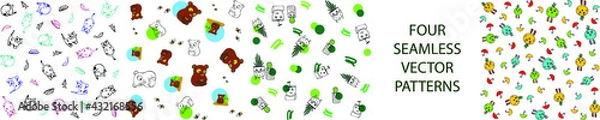Obraz Seamless patterns with funny characters set of four. Repeated backgrounds with cute animals, cats, bear, chicken and house plants in colorful patterns