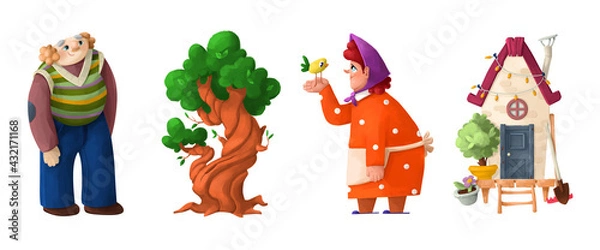 Fototapeta 3D illustration. A set of characters from a fairy tale. Grandmother, grandfather, house, and tree. Bright raster illustration.