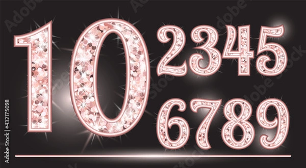 Fototapeta Realistic shining rose gold glitter numbers 1, 2, 3, 4, 5, 6, 7, 8, 9, 0. Set of isolated vector objects one, two, three, four, five, six, seven, eight, nine, zero for decoration, celebration design.