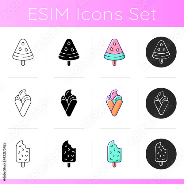 Fototapeta Ice cream varieties icons set. Watermelon on stick. Hong kong waffles. Summer dessert. Vanilla popsicle. Homemade treat. Linear, black and RGB color styles. Isolated vector illustrations