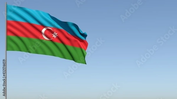 Fototapeta Flag of Azerbaijan waving in the wind against the background of the sky. Flag day. 3D rendering illustration. 4k. Place for your text.