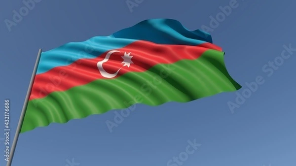 Fototapeta Flag of Azerbaijan waving in the wind against the background of the sky. Flag day. 3D rendering illustration. 4k. Place for your text.