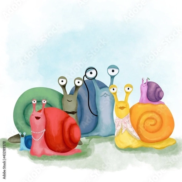 Fototapeta Colorful didgital drawing: Cute smiling snail with purple shell