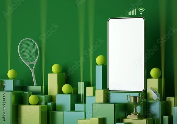 Fototapeta tennis live online from a smartphone. sport competition program. tennis game application. white screen mobile mock-up. sport online game. background copy space. 3d rendering