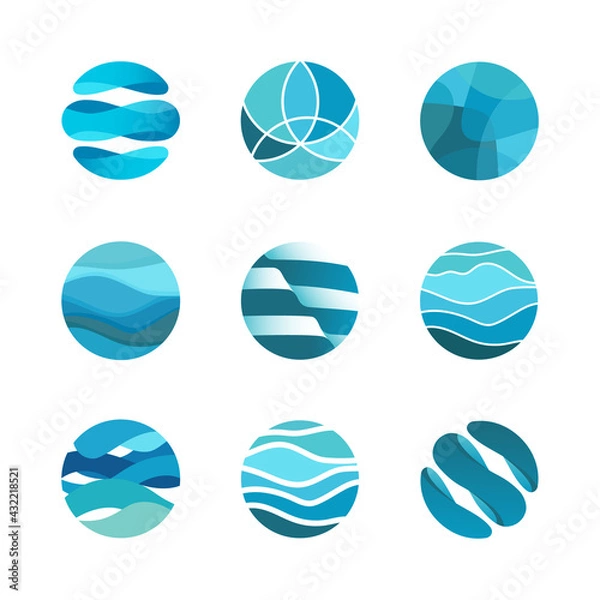 Obraz Abstract blue global business logo with wavy lines in circle,pictogram sea waves,badge ocean,water aqua flow,design template vector icon.Sign digital innovation technology,symbol hotel,cruise travel