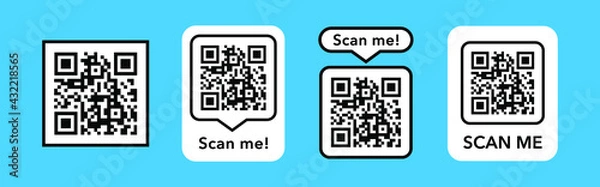 Fototapeta Qr codes with scan me inscription with phone. Qr code for payment, e-wallet, web, package. Inscription scan me. Mobile payment and identity. 