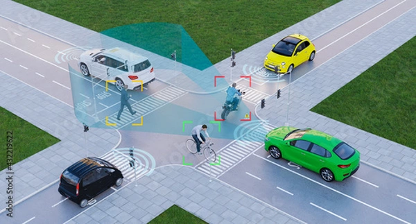 Fototapeta Autonomous electric cars with artificial intelligence self driving on metropolis road, 3d rendering