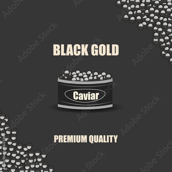 Fototapeta Beluga caviar. A real Russian national delicacy. Salted black caviar in an iron jar. Seafood. Vector illustration. Small eggs are scattered on the table. EPS