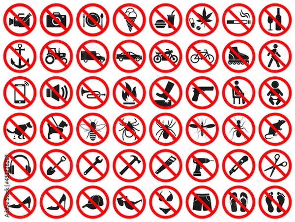 Obraz Red prohibition signs. Collection of vector icons forbidden dangerous actions: smoking, alcohol, food and drink, do not take drugs. Prohibition of movement in vehicles, use tools and other signs.