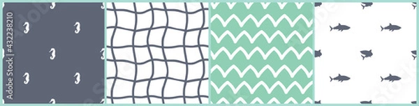Obraz Sea horses, sharks, fishing net and waves seamless patterns. Vector cartoon set of underwater ocean, sea illustrations in blue, green, white colors