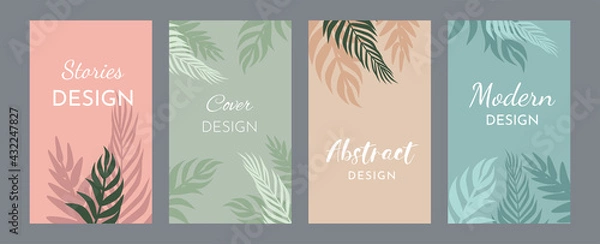 Fototapeta Bundle of covers with tropical leaves. Modern abstract design. In the style of minimalism. Banner background colors: pink, green, orange and blue. To create a story in social media