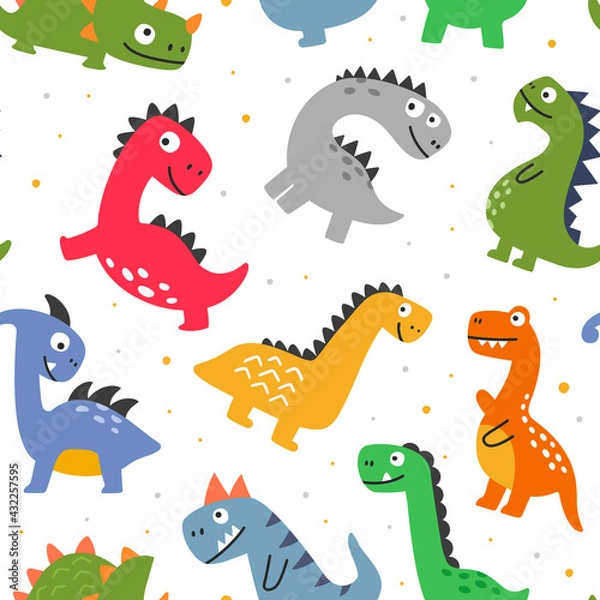 Fototapeta Seamless pattern with funny cheerful cartoon dinosaurs