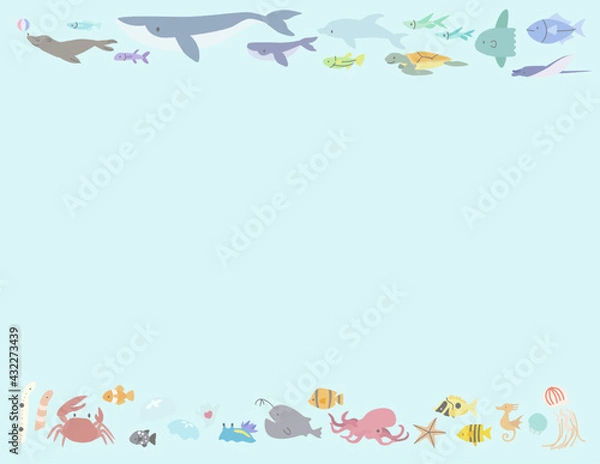 Obraz 海の動物のかわいいフレーム(青背景ー横長)