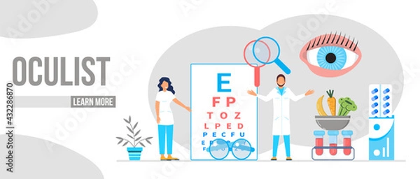 Fototapeta Eye doctor, oculist concept for health care banner, mobile website. Glaucoma treatment concept vector. Medical ophthalmologist eyesight check up with tiny people. Myopia concept vector