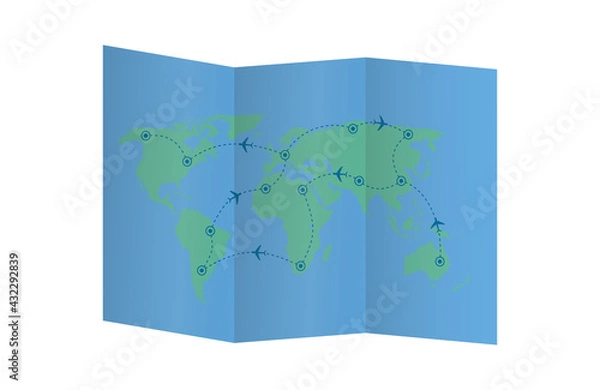 Fototapeta Open paper map with flight route. Paper map with the route of tourist travel by plane. Round-the-world tourism. Vector