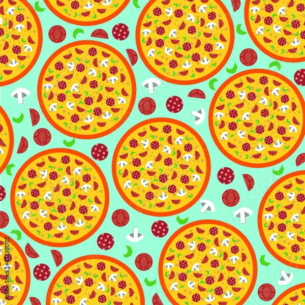 Obraz Seamless pattern of whole pizza with sliced mushrooms, salami, tomato and onion. Illustration in flat style. Background for printing.