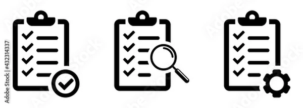Fototapeta Clipboard icons set, isolated on white background. Checklist with check marks, gears and magnifying glass. Quality control line sign. Form icon. Clipboard with technical support checklist. Vector