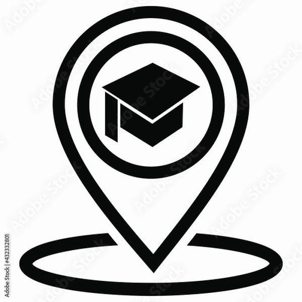 Fototapeta Location icon and academic cap. GPS  University. Geotag of the educational institution. Institute icon. Vector icon. 