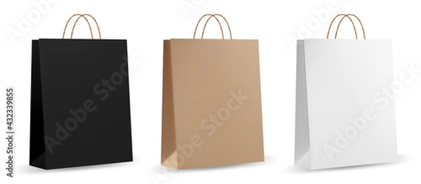 Fototapeta Paper bag template. Brown realistic paper bag. Front and side view of retail purchase packaging - blank mockup with empty space and rope handle.