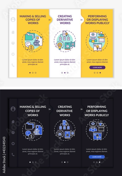 Obraz Special author rights onboarding vector template. Responsive mobile website with icons. Web page walkthrough 3 step screens. Selling works copies night and day mode concept with linear illustrations