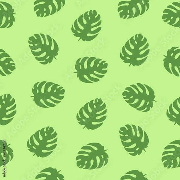 Obraz Green monstera leaves on light green background, tropical seamless pattern. Trendy summer style, vector illustration