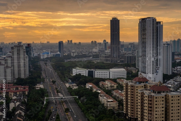 Fototapeta Beautiful scenery of Jakarta Skyline from Wisma Atlet Jakarta. Place where i got quarantine during covid19