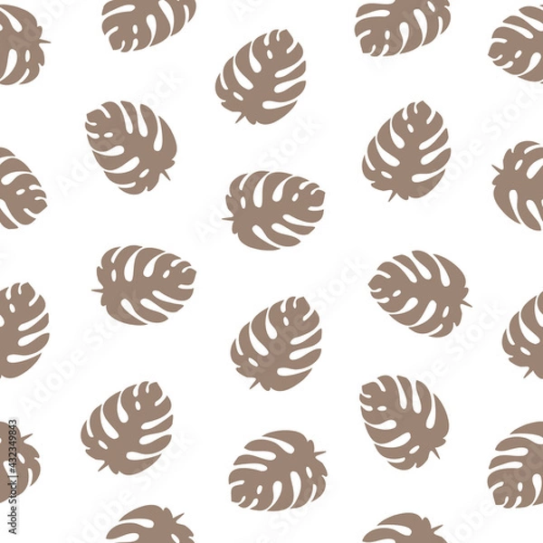 Obraz Brown monstera leaves on white background, tropical seamless pattern. Trendy summer style, vector illustration