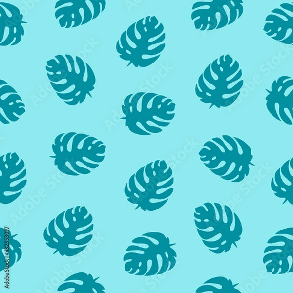 Fototapeta Turquoise monstera leaves on blue background, tropical seamless pattern. Trendy summer style, vector illustration