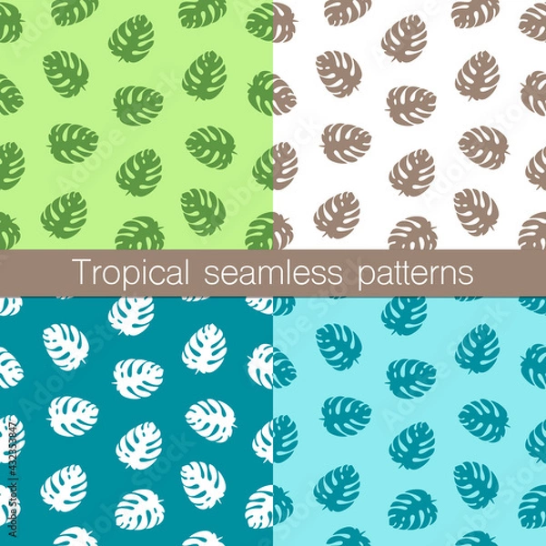 Fototapeta Set of four tropical seamless patterns. Monstera leaves on various backgrounds. Trendy summer style, vector illustration