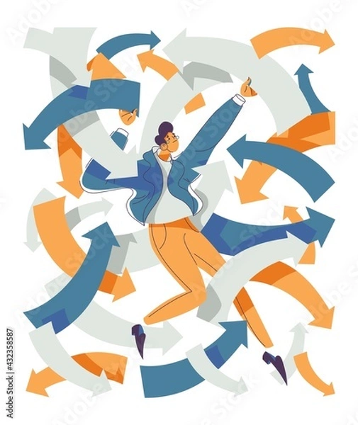 Fototapeta ADHD concept illustration isolated on white. Vector man trying to catch all vectors and arrows of his life. Attention deficit hyperactivity disorder