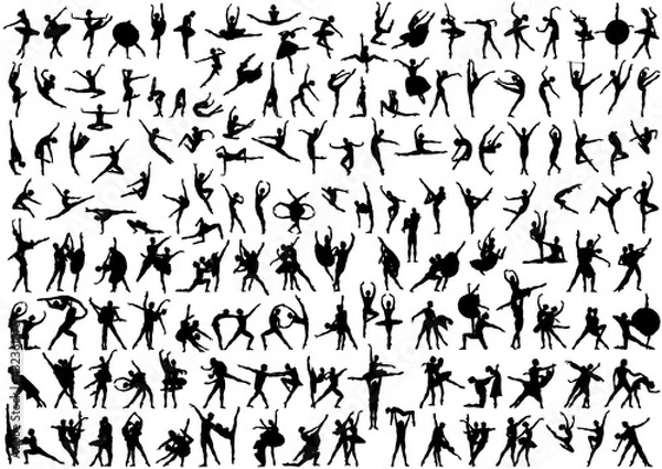 Fototapeta Mens, womens and pairs silhouettes ballet dancers. More than 100 silhouettes on a white background.