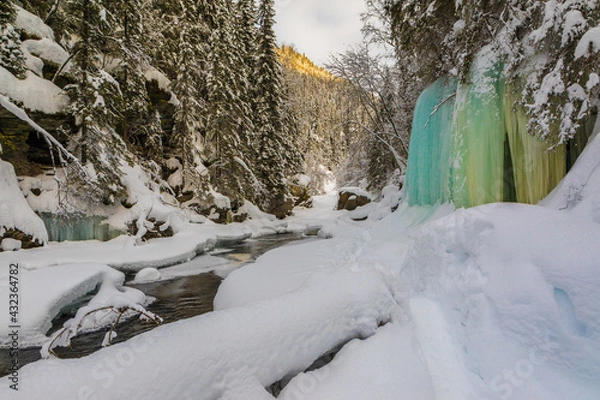 Fototapeta winter in the forest with river and cave
