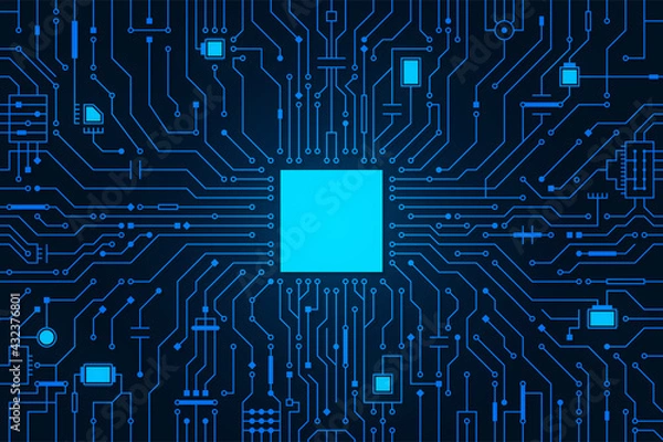 Fototapeta Circuit board background. CPU microchip, abstract conductor scheme and other circuit components. Computer motherboard, digital abstract background. Circuit board abstract technology background. Vector