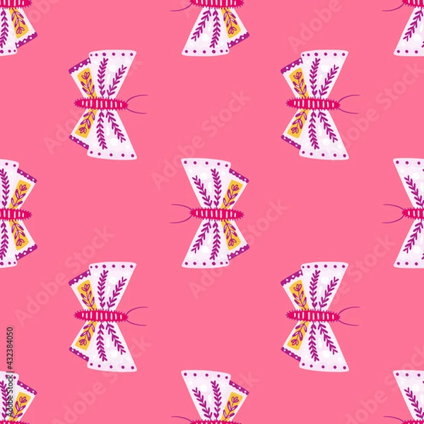 Fototapeta Fauna insect seamless pattern with folk butterfly silhouettes print. Pink bright background. Doodle style.