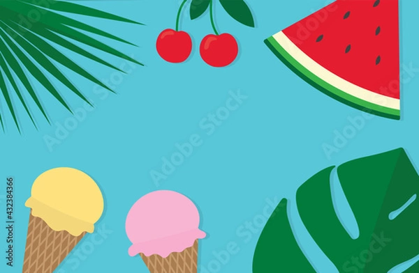 Fototapeta summer top view composition, palm leaves, watermelon, cherry fruit and ice cream with copy space- vector illustration