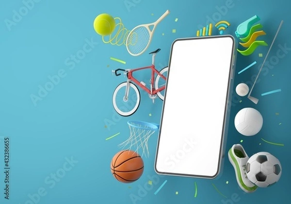 Fototapeta sport live online from a smartphone. sport competition program. game application. white screen mobile. sport online game. golf football volleyball tennis object. background copy space. 3d rendering.