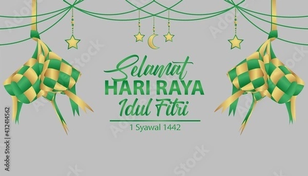 Obraz selamat hari raya idul fitri vector illustration with ketupat realistic, crescent moon, and stars