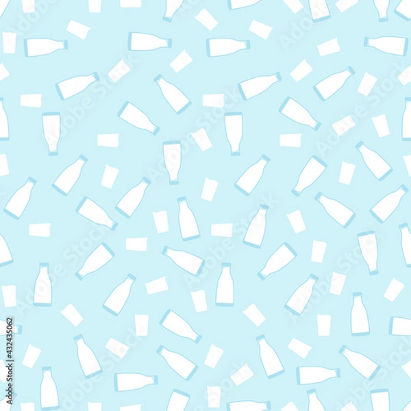 Fototapeta Bottle of milk and glass of milk on a blue background. Seamless pattern. 