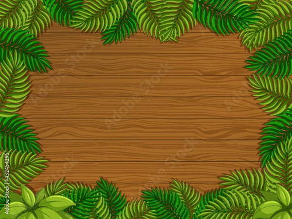 Fototapeta Empty wooden background with tropical leaves elements