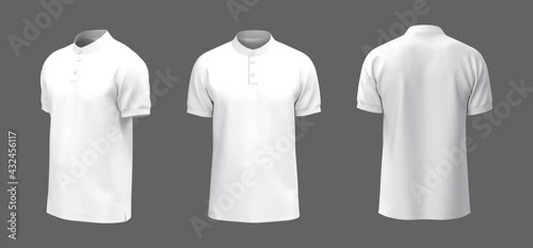 Fototapeta Blank mandarin collar t-shirt mockup in front, side and back views, tee design presentation for print, 3d rendering, 3d illustration