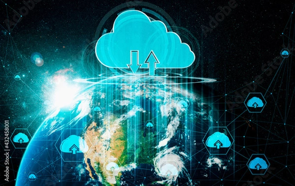 Fototapeta Cloud computing technology and online data storage in innovative perception . Cloud server data storage for global business network concept. Internet server service connection for cloud data transfer.