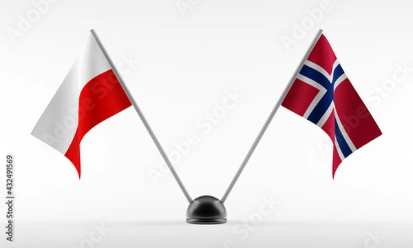 Fototapeta Stand with two national flags. Flags of Poland and Norway. Isolated on a white background. 3d rendering
