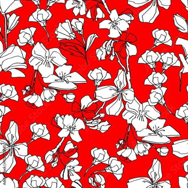 Fototapeta Pattern with sakura buds, apple cherry blossom. Medicinal herbs, rapeseed. Beautiful hand-drawn graphics. For textile, wallpaper, design, paper, banner. Stock graphics, isolate. 