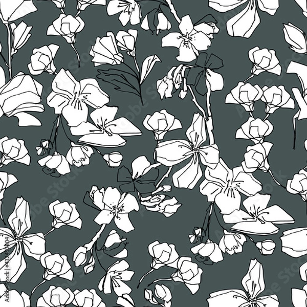 Fototapeta Pattern with sakura buds, apple cherry blossom. Medicinal herbs, rapeseed. Beautiful hand-drawn graphics. For textile, wallpaper, design, paper, banner. Stock graphics, isolate. 